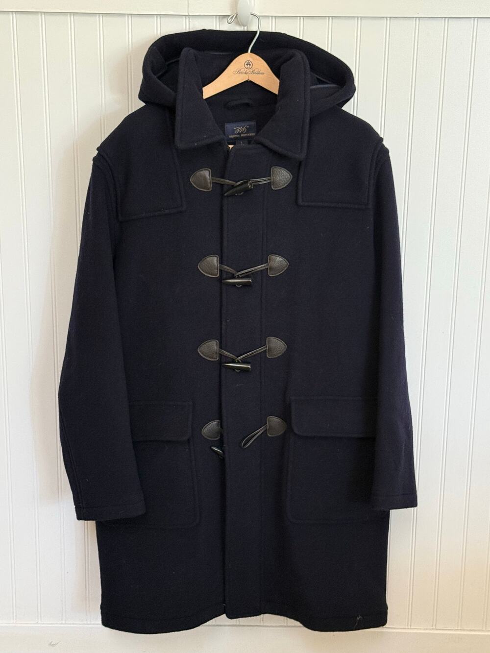 Brooks Brothers Wool Toggle Duffle Coat Men’s size L Navy Blue Plaid Lining